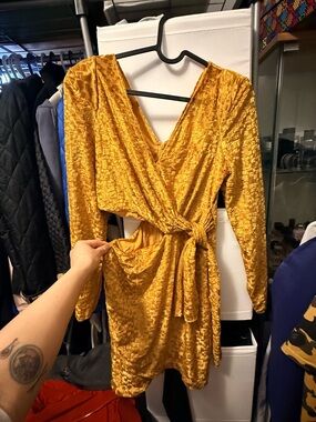 Fashion Nova Mustard Gold Velvet Wrap Long Sleeve Dress